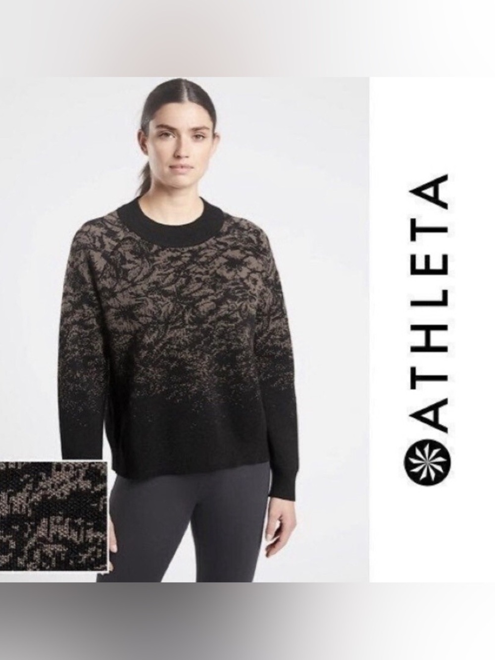 Athleta Womens Textured Jacquard Crew Sweater Merino Wool Blend Black